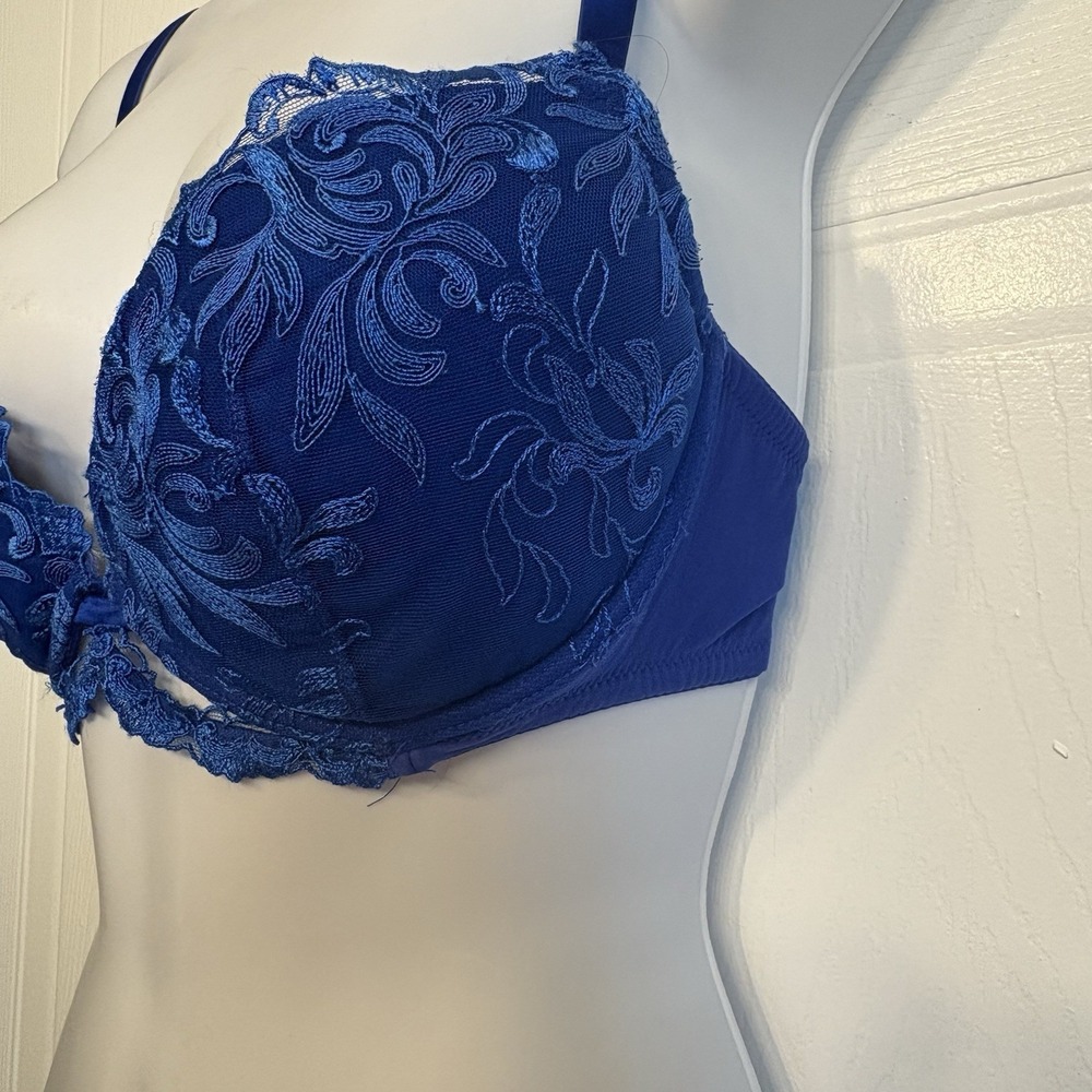 La Perla Padded Bra US 36C Eur 80 Blue Floral Embroidered Lace Italy Luxury Silk - Picture 2 of 12